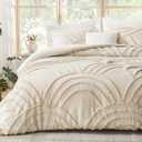 ENJOHOS Boho Queen Comforter Set Beige Tufted Rainbow Bedding for Queen Size Bed, Boho Chic Decor, 3 Pieces Lightweight Fluffy Soft Microfiber Cream Comforter with 2 Pillow Cases for All Season