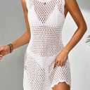 BreathSunny Womens Crochet Swimsuit Beach Cover Up 2026 Sleeveless Mesh Knit Bathing Suit Swim Coverups Mini Dress (White, M)
