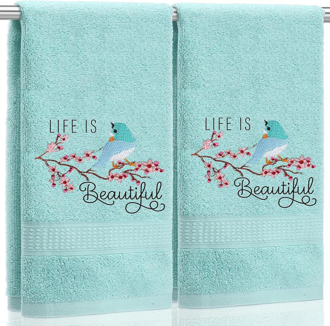 SmoothNovelty 2 Pcs Bird Hand Towels Mint Green Bathroom Decor 14x29 Inch Embroidered 100% Cotton Soft Absorbent Spring Summer Decorative Hand Towels for Bathroom Kitchen
