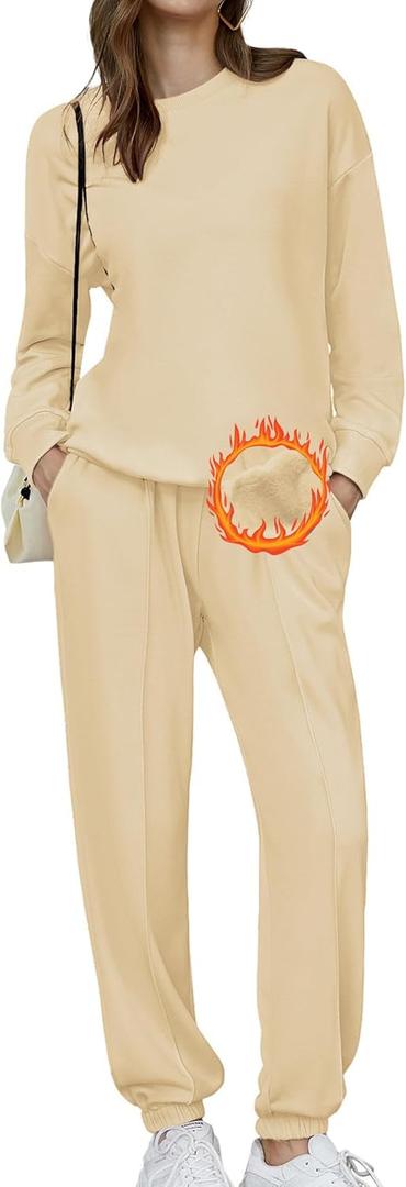 HOTOUCH Fleece Sweatsuit 2 Piece Outfit Winter Sherpa Lined Tracksuit Warm Up Suits Thick Sweatshirt and Sweatpants Sets (X-Large, Beige)