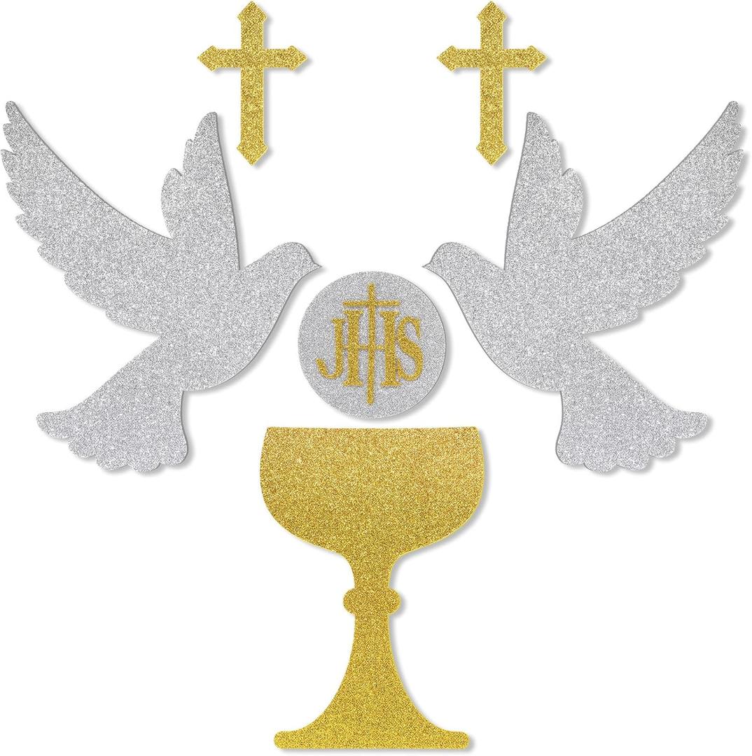 HunnmingRe First Communion Baptism Decor Felt Cross Dove Gold Silver God Bless Wall Decorations for First Communion Baptism Party Christening Confirmation Birthday Christian Party