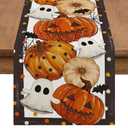 Halloween Table Runner 13x72 Inch  Spooky Pumpkin Ghost Bat Design with Polka Dots and Spider Webs, Festive Dining Table Decoration for Fall, Halloween Party and Autumn Home Dcor
