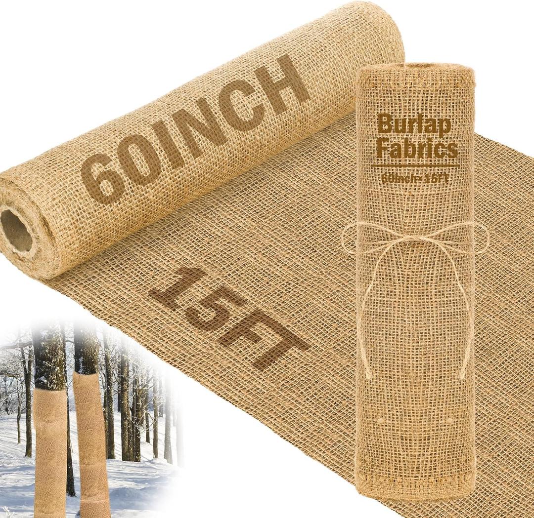 Buryeah 60 Inch x 15 ft Burlap Fabrics Roll Natural Burlap Tree Wrap Winter Garden Frost Plant Protection Blankets Cloth Weed Barrier Fabric Jute for Outdoor Home Trees Shrubs Craft Party Decor