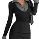 MakeMeChic Women's Spring Outfits Gingham Bodycon Mini Dress Long Sleeve Collared 2 in 1 Business Casual Dress, Size: Small