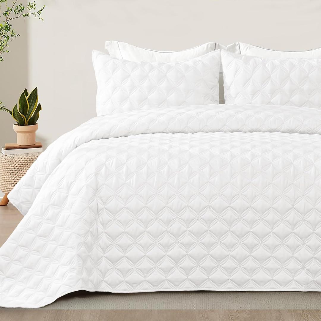 Exclusivo Mezcla King Quilt Set, 3 Pieces Lightweight Quilts King Size with Geometric Ellipse Pattern, Soft Quilted Bedspreads White Coverlets Bedding Set for All Seasons