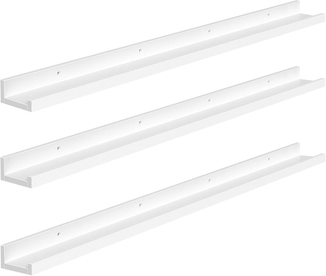 HOOBRO Floating Shelves, Wall Shelf Set of 3, 47.2 Inches Hanging Shelf with Raised Edge and Invisible Brackets, for Bathroom, Bedroom, Kitchen, Office, Living Room Decor, White WT92BJ01