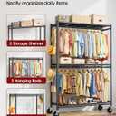 Sakugi Clothes Rack - Double Hanging Rod Clothing Rack with Wheels & Leveling Feet, Large Capacity Wardrobe Closet with Shelves for Bedroom, Laundry Room, Entryway, 45.2" x 12.6" x 80.7", Black
