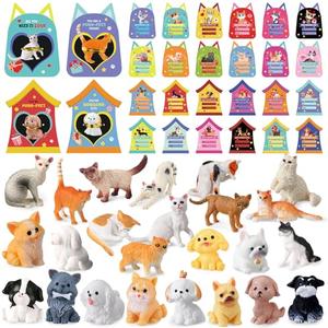 Civaner 48 Pcs Valentine's Gifts Card with Dog and Cat Resin Figurines for Adults Mini Resin Puppy Figures Valentines Pet Love Cards with Heart for Party Favors Gifts Exchange Prizes