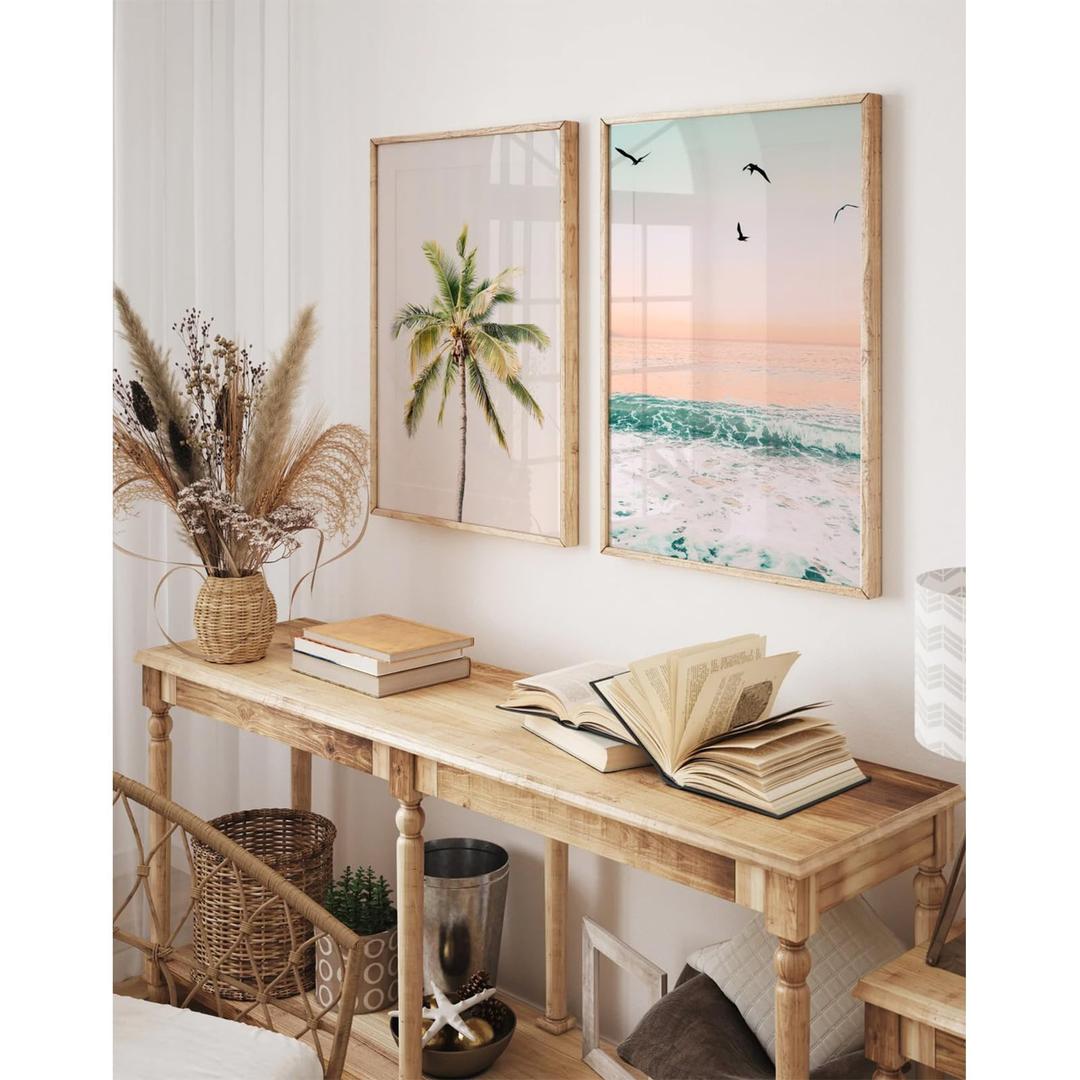 Pastel Beach Wall Art Decor Coastal Ocean Pictures Wall Art Tropical Palm Tree Canvas Prints Pastel Beach Poster Coastal Ocean Artwork Painting for Bathroom Room 24x36 Inch Unframed Set of 2