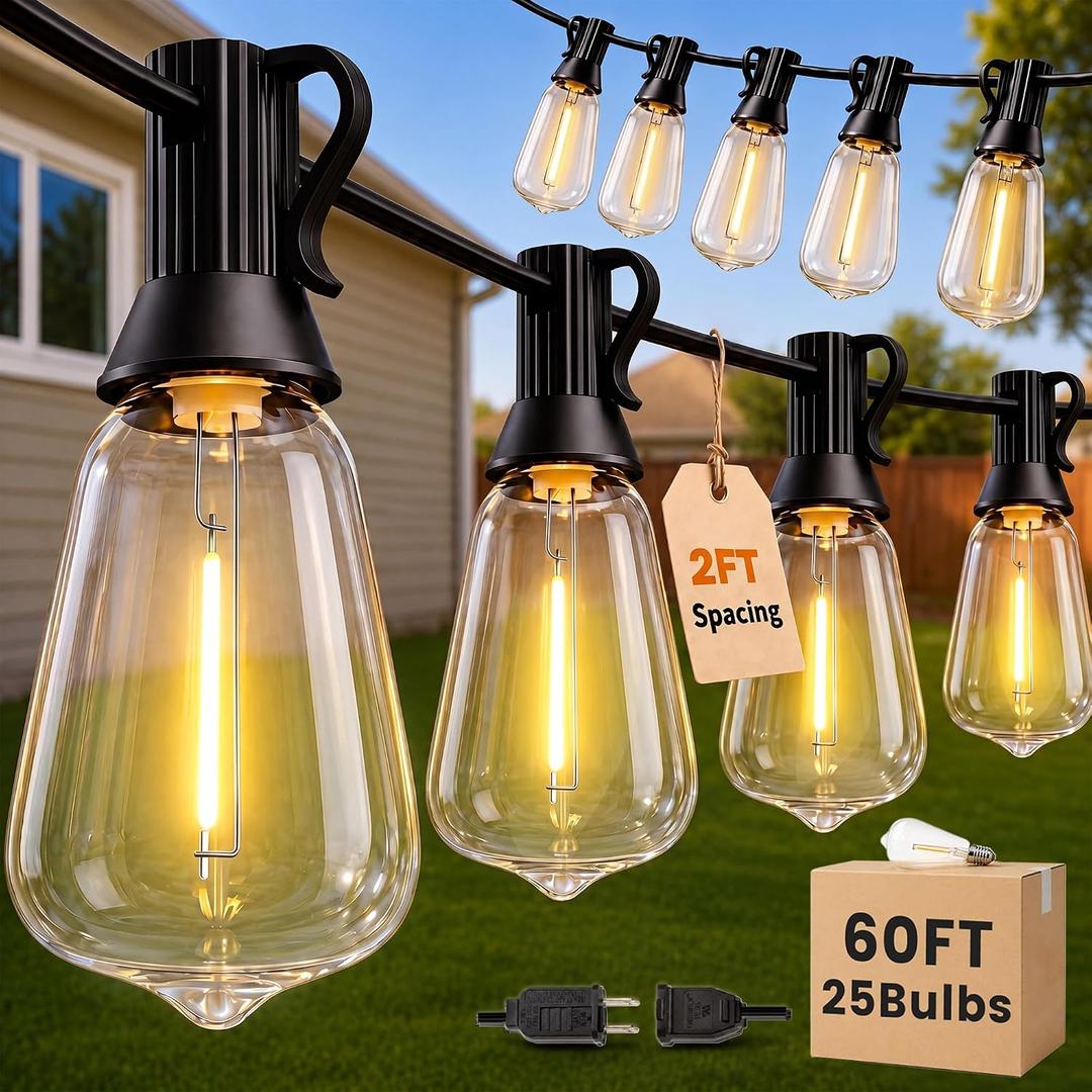 60FT(50+10) String Lights Outdoor, 2FT Bulb Spacing, Waterproof Shatterproof Warm White ST38 LED Edison Bulbs, Extension Cord, Plug in Connectable Hanging Patio Lights for Outside, Backyard