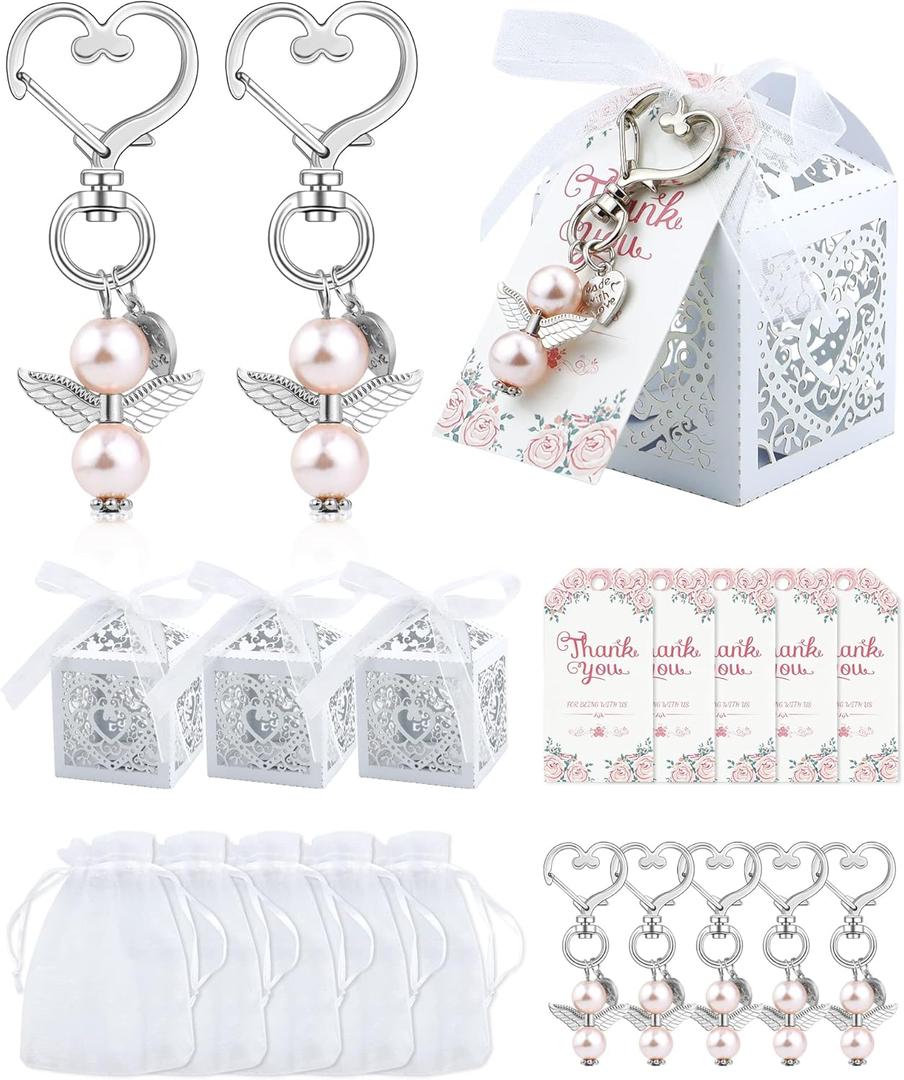 100 Pcs Baby Shower Favors for Girls, Angel Keychains Baptism Favor Boxes White Organza Bags with Drawstring Thank You Tags for Baby Shower Baptism Party Gift, 25 Sets (Pink) (multiple sizes)