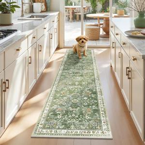 Yamaziot Washable Runner Rug 2x7 – Non Slip Boho Floral Hallway Runner Rug with Rubber Backing, Low Pile Wool Distressed Carpet for Kitchen, Laundry, Bedroom, Entrance, Mottled Green, Green, 2' x 7'