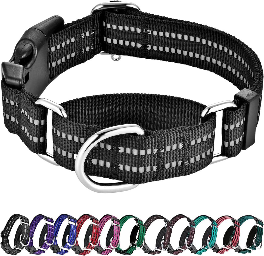 Hikiko Martingale Collar for Dogs Reflective Nylon Dog Collar with Quick Release Buckle Adjustable Training No Slip Dog Collars (Medium, Black)