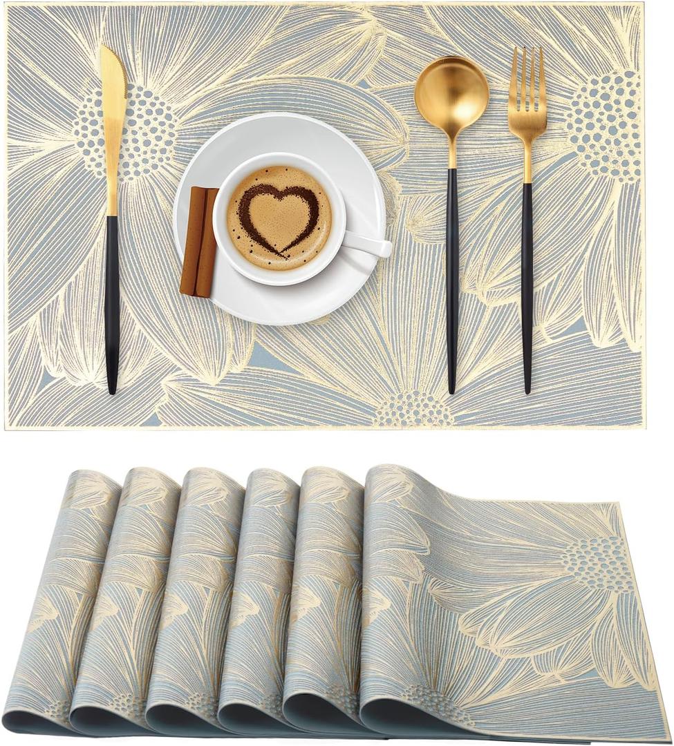 Gold Placemats Set of 6 Rectangle Pressed Vinyl Table Mats Heat Resistant Non-Slip Washable Wipeable Place Mats for Dining Table Indoor Outdoor Flower Dinner Placemats