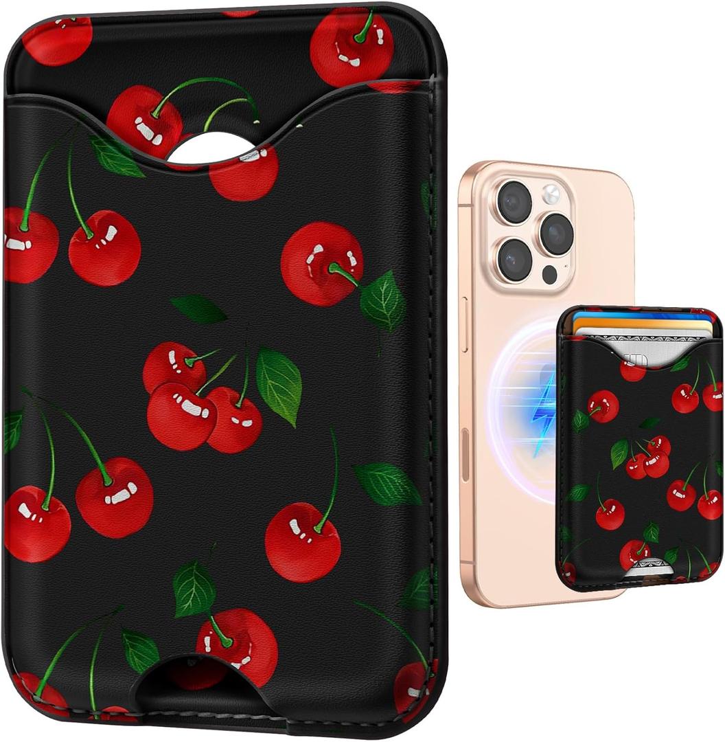 Shorogyt Compatible with Magsafe Wallet Magnetic Card Holder - Cherry Phone Wallets for Women Teen Girls Cute Pattern for iPhone 16/15/14/13/12 Series Slim for Apple Mag RFID Magnet, Fit 3 Cards