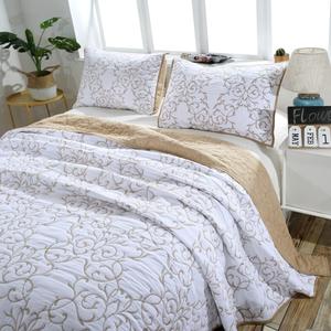 Lady Ann 3Pcs Oversized King Quilt Set 128x120 - Beige Embroidery Pattern Reversible Cotton bedspreads & coverlets, Lightweight Quilted Extra Large Elegant Oversized King Bedroom Bedding Set, Oversized King Plus