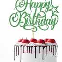 1Pcs Happy Birthday Cake Topper，Handmade Glitter Cake Pick，Celebrating Birthday/Anniversary Theme Party Decorations Supplies (Green, White)