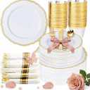 Hioasis 350pcs White and Gold Plastic Plates - Gold Plastic Dinnerware Set Includes 50 Dinner Plates, 50 Dessert Dinnerware, 50 Cups, 50 Rolled Napkin Cutlery Perfect for Wedding & Party