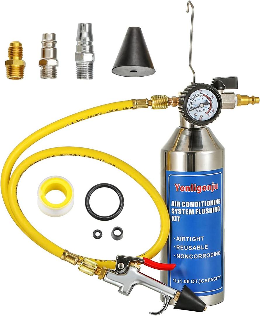 AC Flush Kit, Auto air Conditioning Pipeline Cleaning Tool Set,R134A R12 R22 R404 R410A AC System Flush Kit Can Tool with 220PSI Gauge, Air Fittings and Hose