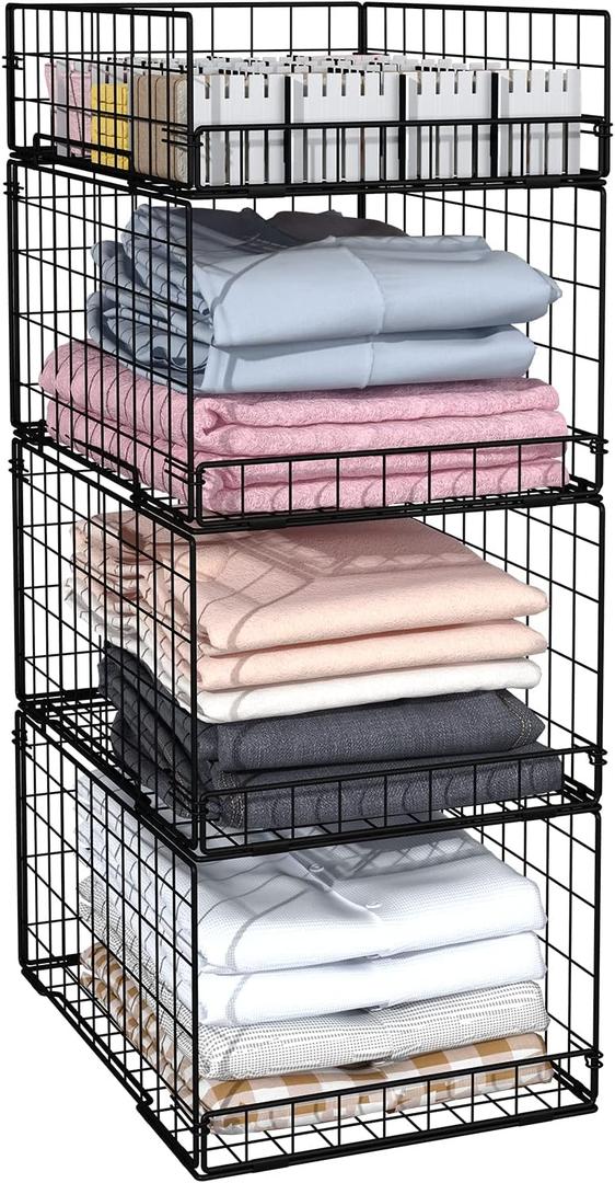 4 Pack Closet Organizers and Storage Shelves for Clothes, 4 Tier Stackable Closet Storage Basket Bin Container for Clothing Sweater Jean, Narrow, Foldable, Sturdy Metal System Organizer Shelf (Black)