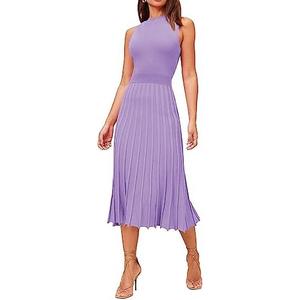 Pink Queen Women's Crew Neck Sleeveless High Waisted Bodycon Pleated Ribbed Swing Knit Midi Dresses L