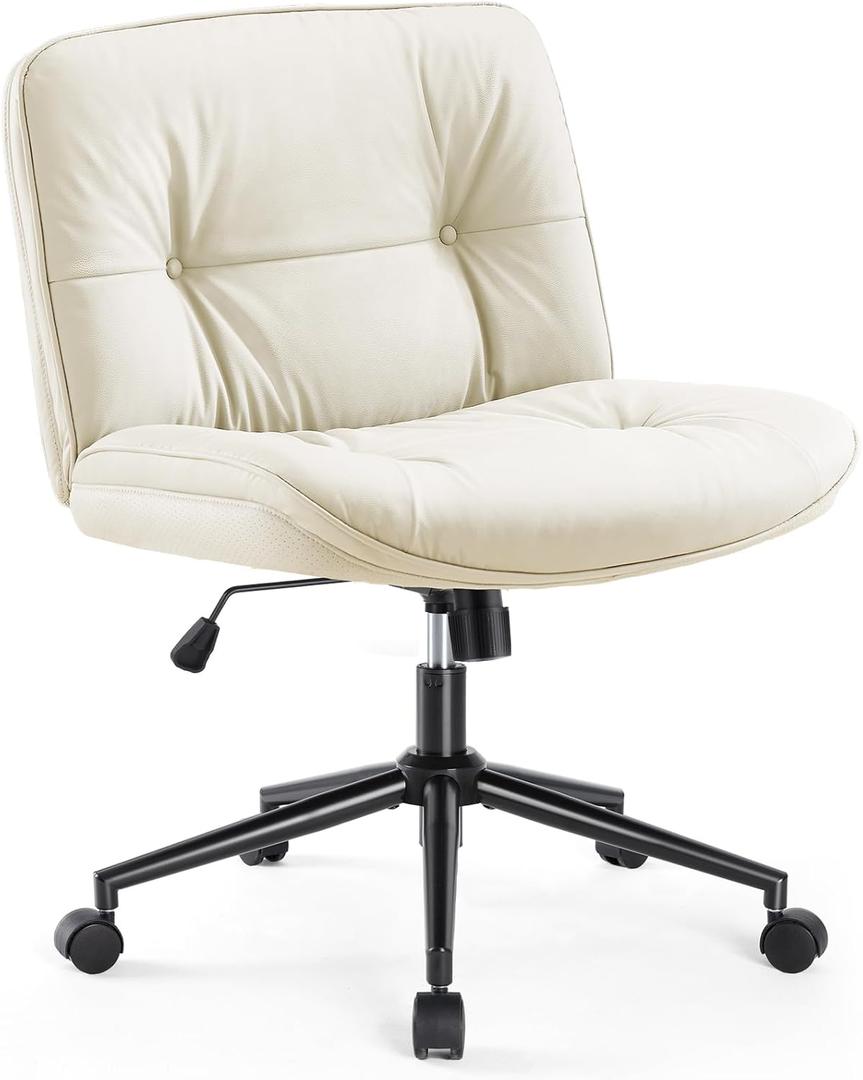 Criss Cross Leg Chair  Armless Swivel Office Chair with Wheels, Wide Seat Ergonomic Computer Desk Chair, Height Adjustable Task Chair for Home, Work, Gaming  Modern Comfortable Seating (White)