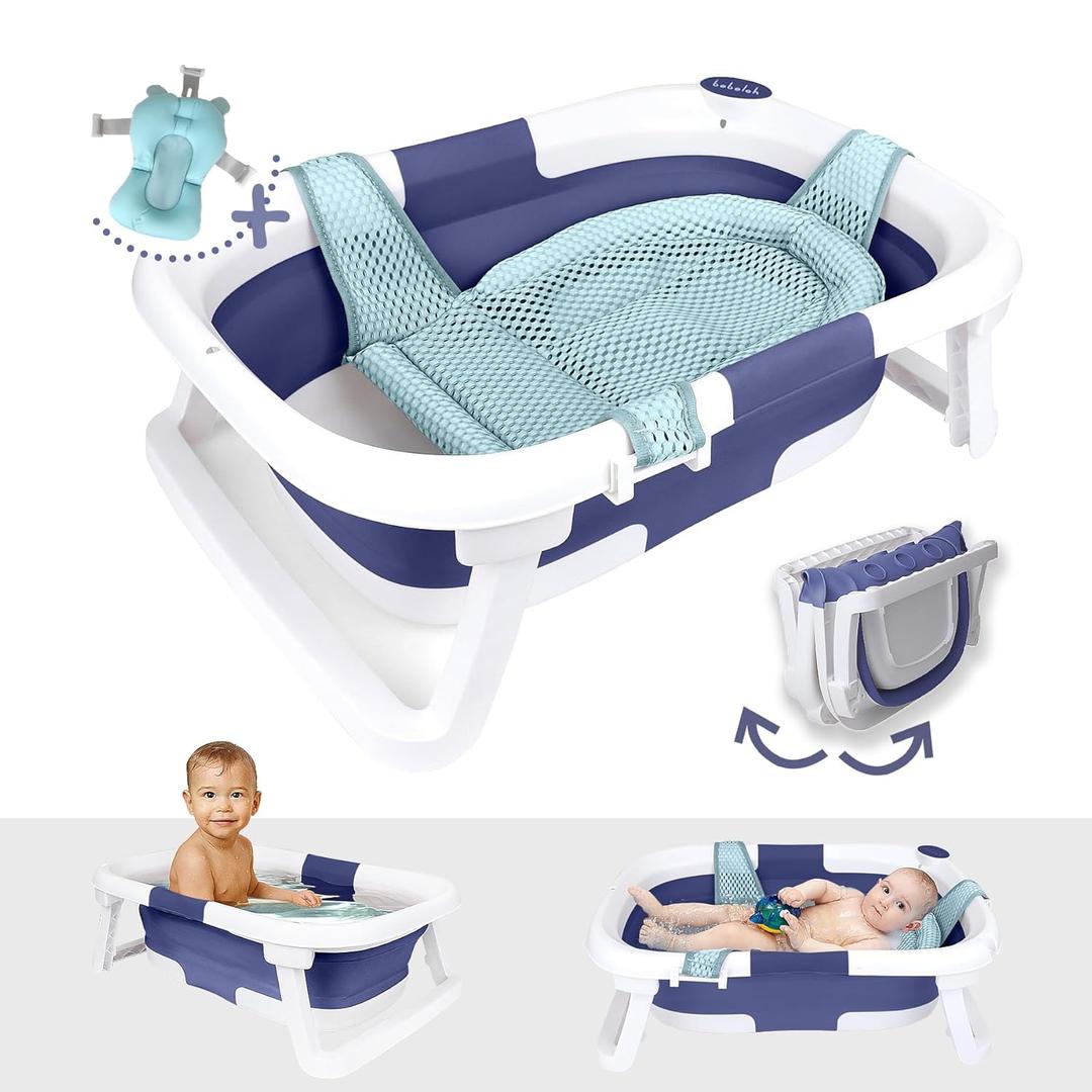BEBELEH Collapsible Baby Bathtub Bathtub + Baby tub Sling + Newborn Sling Baby Bathtub Newborn to Toddler 0-24 Months The Ultimate Travel Baby Bath Tub and Everyday Use! (Blue)