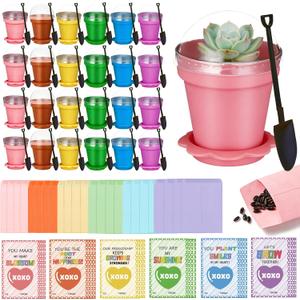 24 Set Valentines Day Cards for Kids Classroom,Nursery Pots with Humidity Dome Shovel and Seed Packet,Small Plastic Plant Pots Valentines Party Favors for Classroom Exchange (Not Included Seeds)
