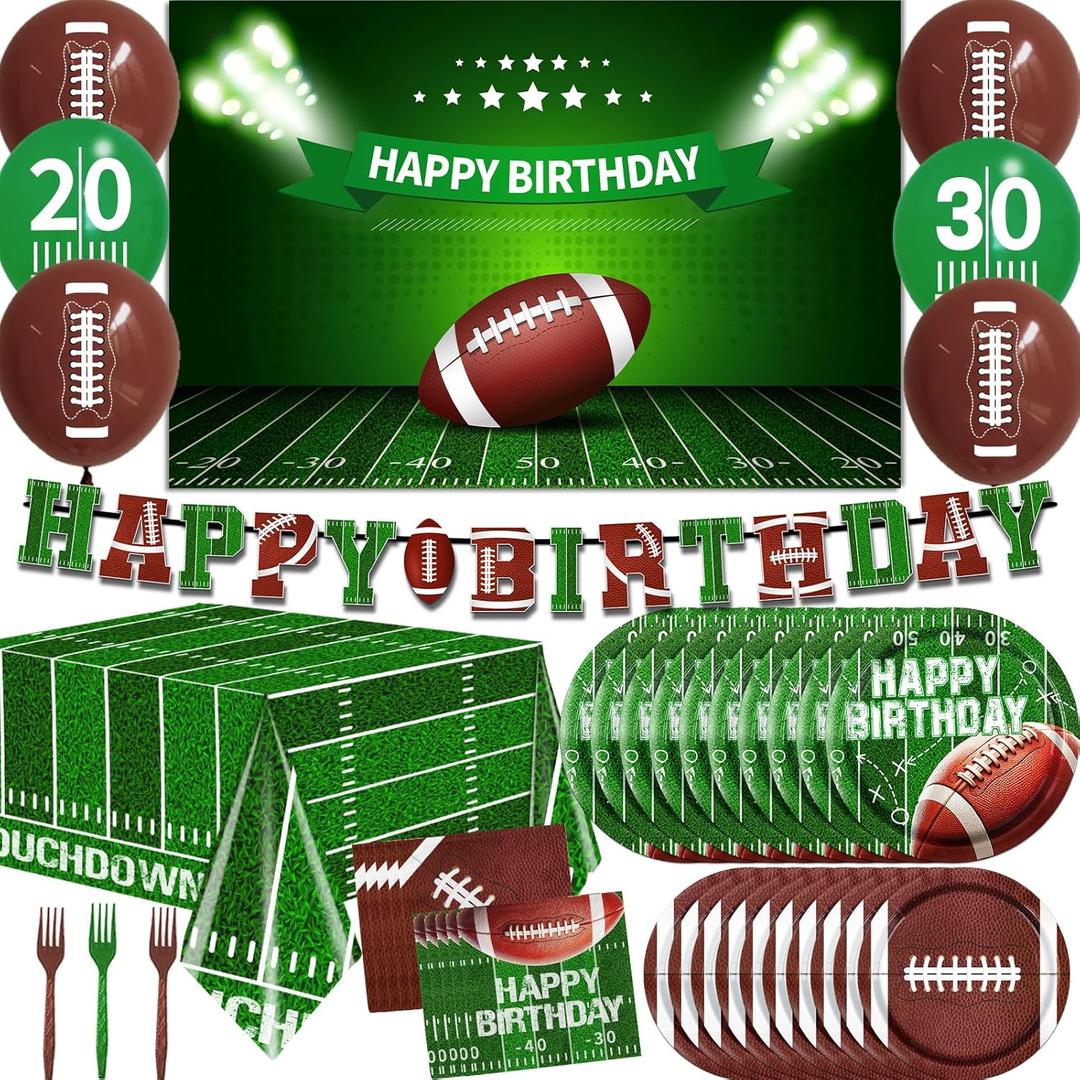 Football Party Supplies,Football Plates and Napkins Tablecloth Backdrop Balloon for Football Birthday Party Decorations Football Game Day Tailgate Party Decorations, Serve 25
