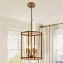 4 Light Chandelier,Farmhouse Ceiling Light Wood Grain Lantern Light Fixtures with Metal Cage Adjustable Height Rustic Hanging Light E12 Base for Kitchen Island, Dining Room, Living Room,Entryway