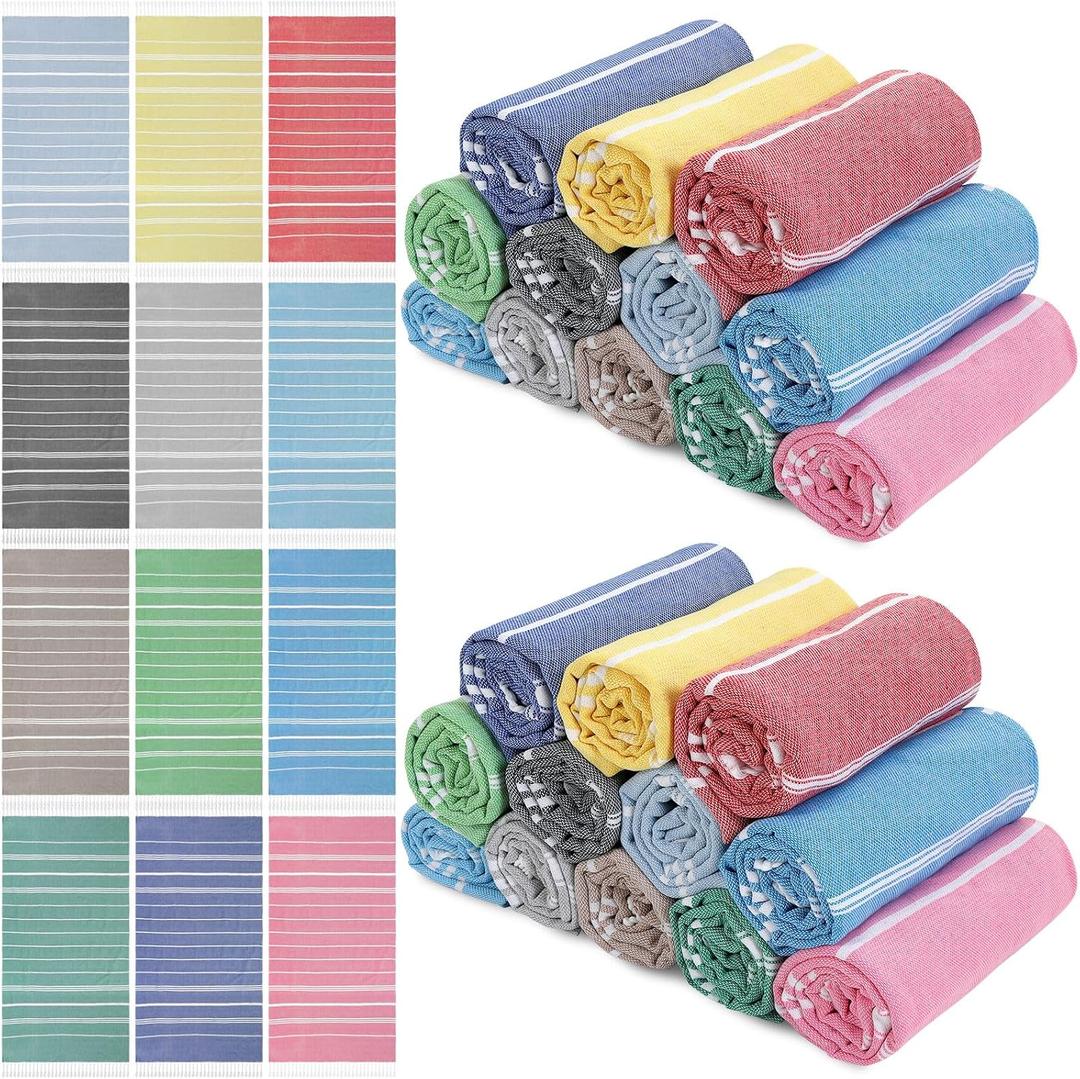 Peryiter 24 Sets Turkish Beach Towel Bulk with Travel Bag 71" x 36" Oversized Turkish Towel Cotton Quick Dry Sandproof Lightweight Beach Towels for Shower Hammam Spa Pool Gym Travel, Large