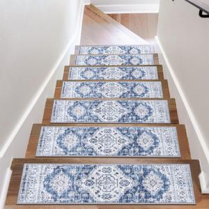 OJIA Non-Slip Stair Treads for Wooden Steps 30"x8" Indoor Stair Runner 15PCS Rubber Backed Soft Carpet Stair Treads Mat Staircase Step Treads Covers for Kids and Dogs (Blue/Gray)