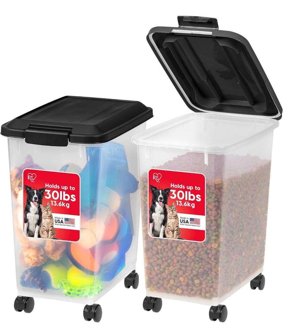 IRIS USA Dog Food Storage Container, 2 Pack, Up to 30 lbs Each, Airtight Seal for Freshness, Wheels for Rolling, Easy One Hand Opening, Made in USA, BPA Free, Clear/Black
