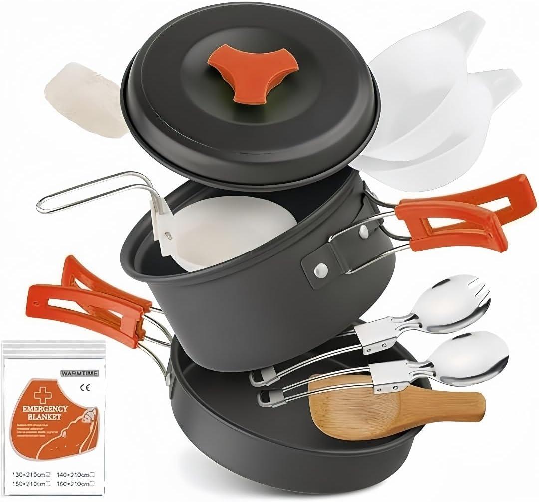 12 PCS Lightweight Camping Cookware Set  Non-Stick Pots, Pans & Utensils for Backpacking, Hiking & Outdoor Cooking  Compact Mess Kit for 2-3 People Give Away an Emergency Blanket as a Gift