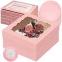 qiqee 12x12x6 Cake Box, 18 Sets Pink Cake Box with Window  18 Sets 8" Cake Round Boards, 8inch Cake Containers, 10 Meters Silk Ribbon