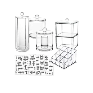 6-Pack Makeup Organizer Acrylic Plastic Containers. Bathroom Beauty Storage Set: 5 Canisters & 107 Printed Labels Organization