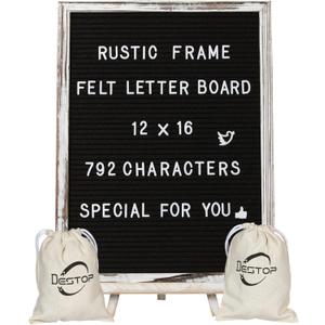 Felt Letter Board with Rustic Vintage Frame and Stand 12x16 inch,Black Changeable Letter and Message Board Includes 792 Letters, Numbers and Symbols, Hook to Hang, 2 Canvas Bags