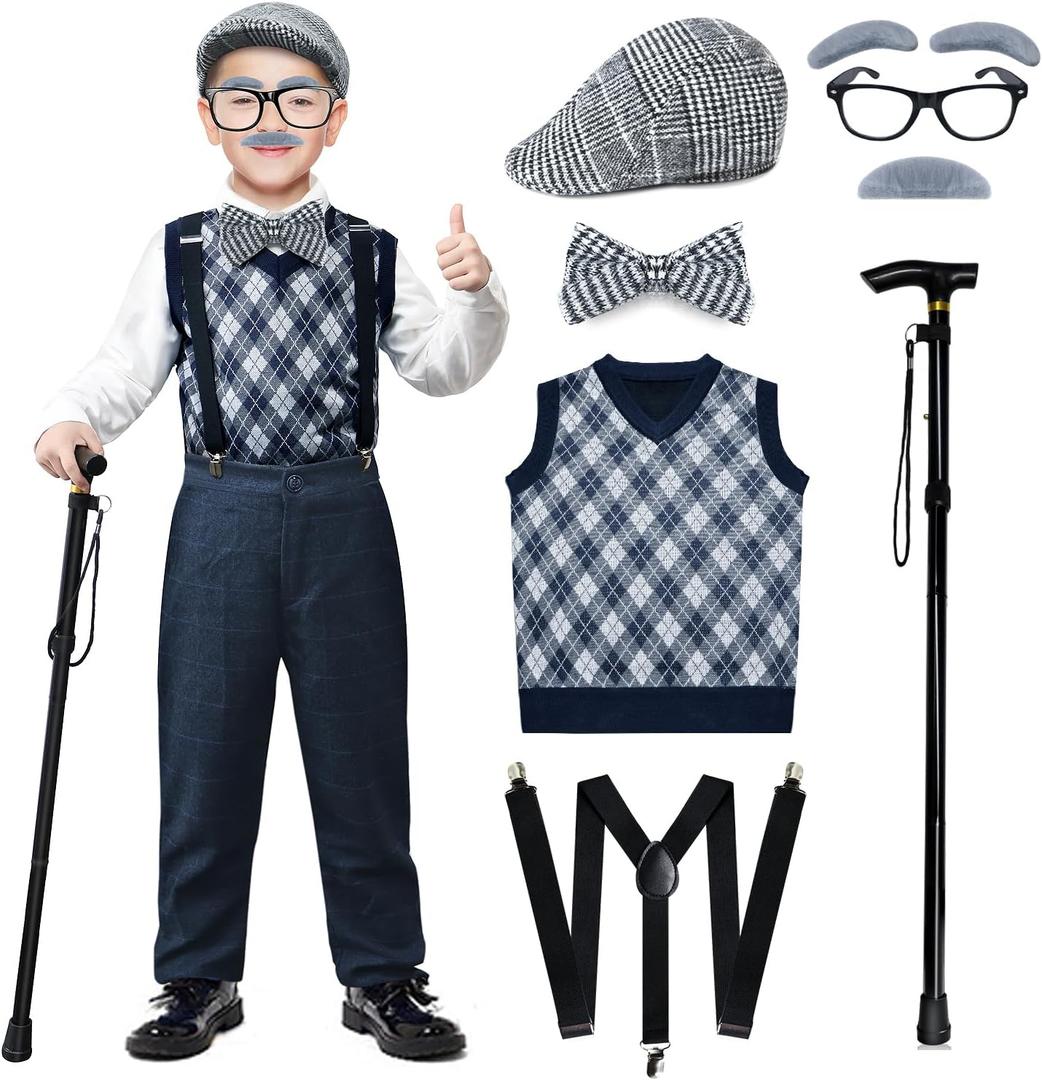 Kids 100 Days of School Costume Boys-Halloween Grandpa Old Man Costume with Accessories for 100th Day of School Party (Large (8-10yr), Retro Black)