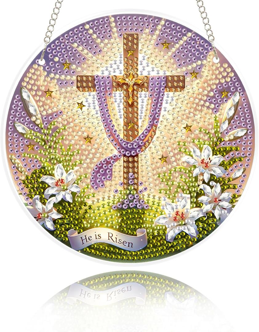 Eiflow Glass Diamond Art Kit Hanging Ornament, DIY Stained Glass Diamonds Painting Hanging Board Kit, Crystal Diamond Art Painting Pendant Full Drill (Religious Cross)