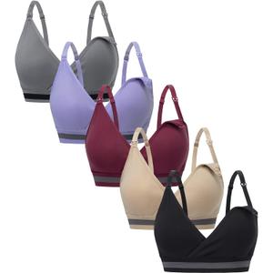 Suekaphin 5Pack Nursing Bra Deep V Neck for Breastfeeding,Seamless Maternity Bralette Wirefree Padded Cup Nursing Bra (XX-Large, Black/Beige/Gray/Lightpurple/Burgundy)