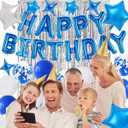 Silver Blue Birthday Party Decorations, Blue Happy Birthday Banner, Silver Fringe Curtain, Blue Silver Star Foil Balloons, Blue White Blue Confetti Balloons, for Boys Men Birthday Party Supplies