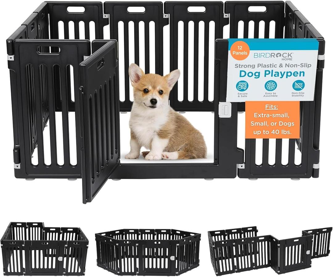 BIRDROCK HOME Dog Playpen w/Door, 12 Panel, 25.6in H | Strong Plastic, Non-Slip Puppy Playpen, Secure Pet Gate | Indoor Outdoor Fence | Configurable Panels | Small to Medium Pets - Black