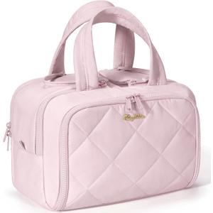 Travel Toiletry Bag, Large Wide-open Puffy Toiletry Bag for Women, Lightweight Quilted Makeup Bag Cosmetic Organizer with Handle Water-resistant Travel Essentials for Toiletries Accessories Light Pink