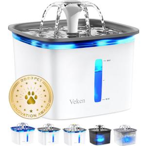 Veken Innovation Award Winner 95oz/2.8L Pet Fountain, Automatic Cat Water Fountain Dog Water Dispenser with Replacement Filters, Gifts for Christmas, Cats, Dogs, Multiple Pets (Grey, Plastic)