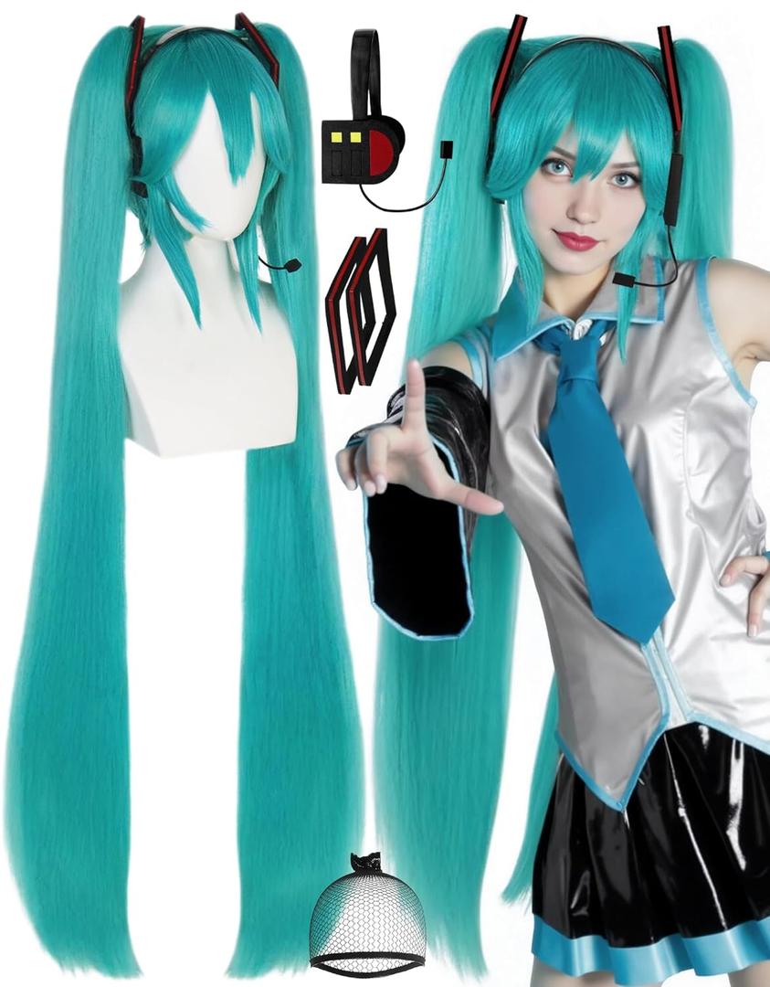 Wig Cap + 4Pcs Long Green Cosplay Wig with Earphone and Hair Accessory Teal Straight Synthetic Anime Wigs with Double Ponytail for Women Costume Green Wigs for Halloween Costume Outfit