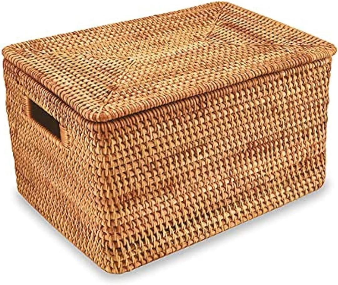 FIYAMMY Rattan Basket With Lid, Large Lidded Basket For Storage(15.3" L11.4"W9.5"H)