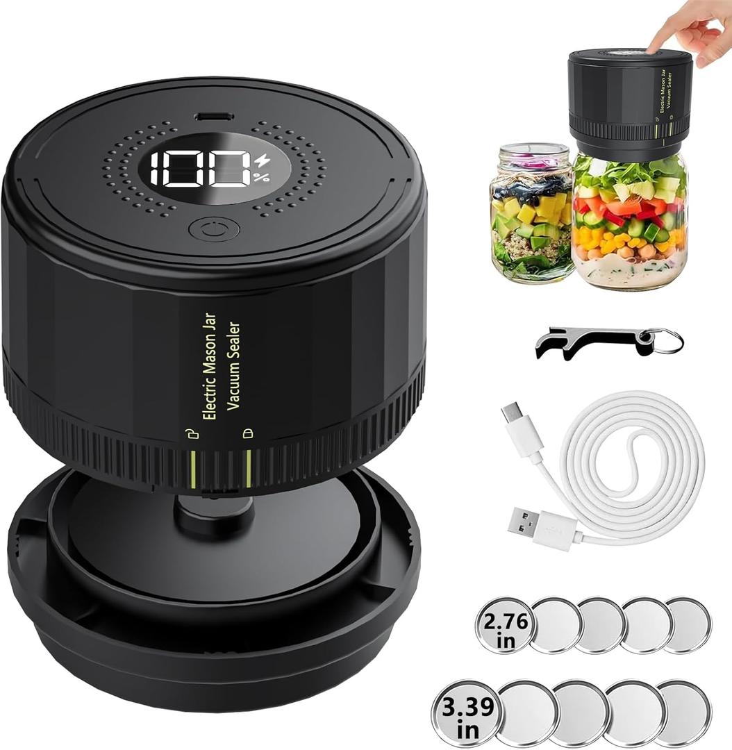 ZXA Electric Mason Jar Vacuum Sealer Kit, Vacuum Sealer for Mason Jars with Wide & Regular Mouth, Automatic Mason Jar Vacuum Sealer Kit for Kitchen, Picnic and RV Camping (Black)