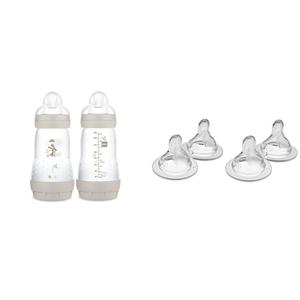 MAM Easy Start Matte Anti-Colic Baby Bottles, 9 oz (2 Count), Medium Flow Nipples & Bottle Nipples Fast Flow Nipple Level 3, for 4+ Months, SkinSoft Silicone Nipples for Baby Bottles, Beige Linen
