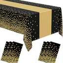 Oudain 6 Pcs Black and Gold Tablecloth for Parties Plastic Dot Tablecloths Printed Table Runner Waterproof Disposable Rectangle Table Cover for Birthday Wedding Graduation Party, 54" x 108"