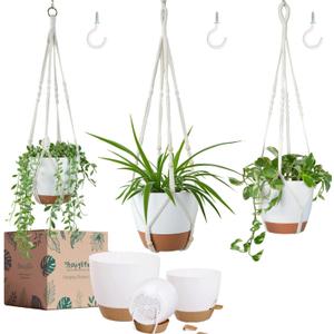 Bouqlife 3 Pack 10/8/7 Inch Hanging Planters for Indoor Plants with Self-Watering Hanging Pots with Drainage, 3 Different Size Macrame Plant Hangers with Hooks White Large